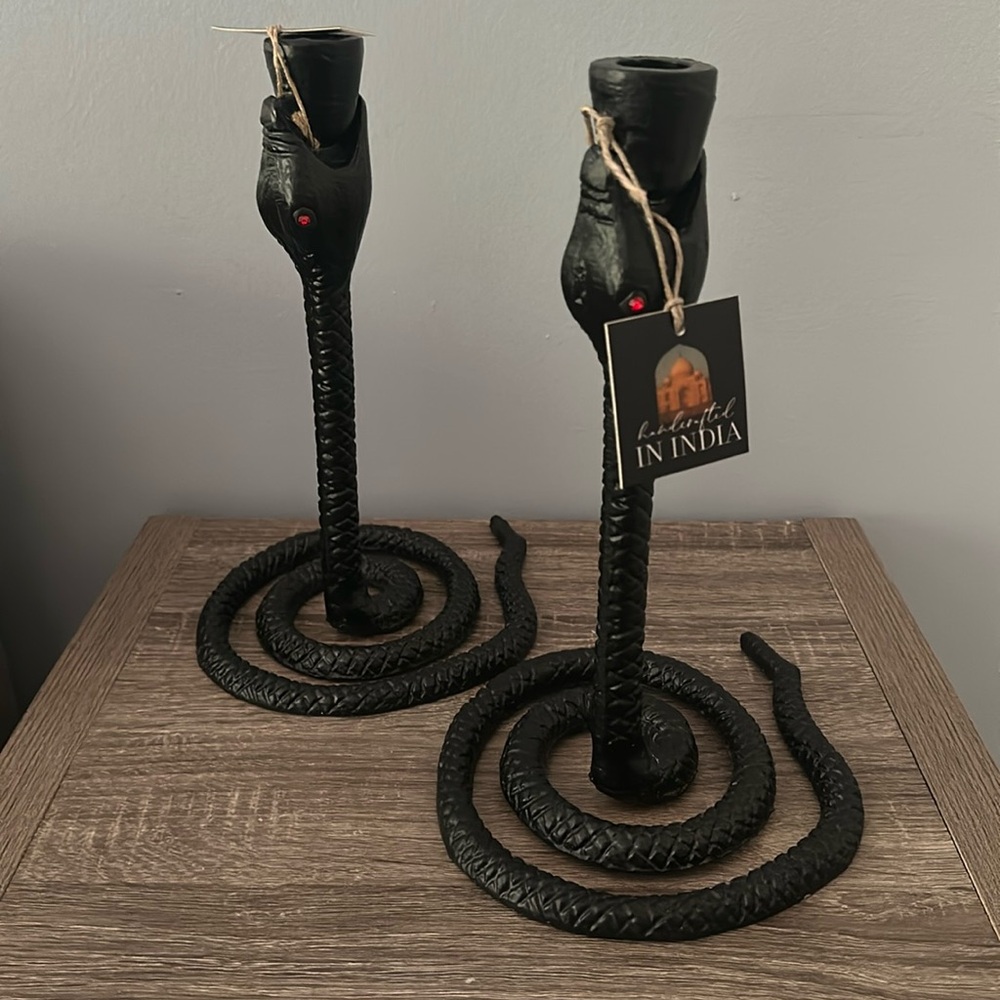 Hand Crafted in India Halloween Snake 🐍 Candle Holders Two Ruby Red Eyes NEW